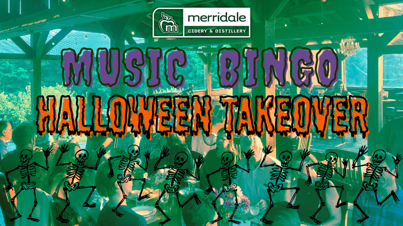 Poster for Music Bingo Halloween Takeover at Merridale Cidery & Distillery