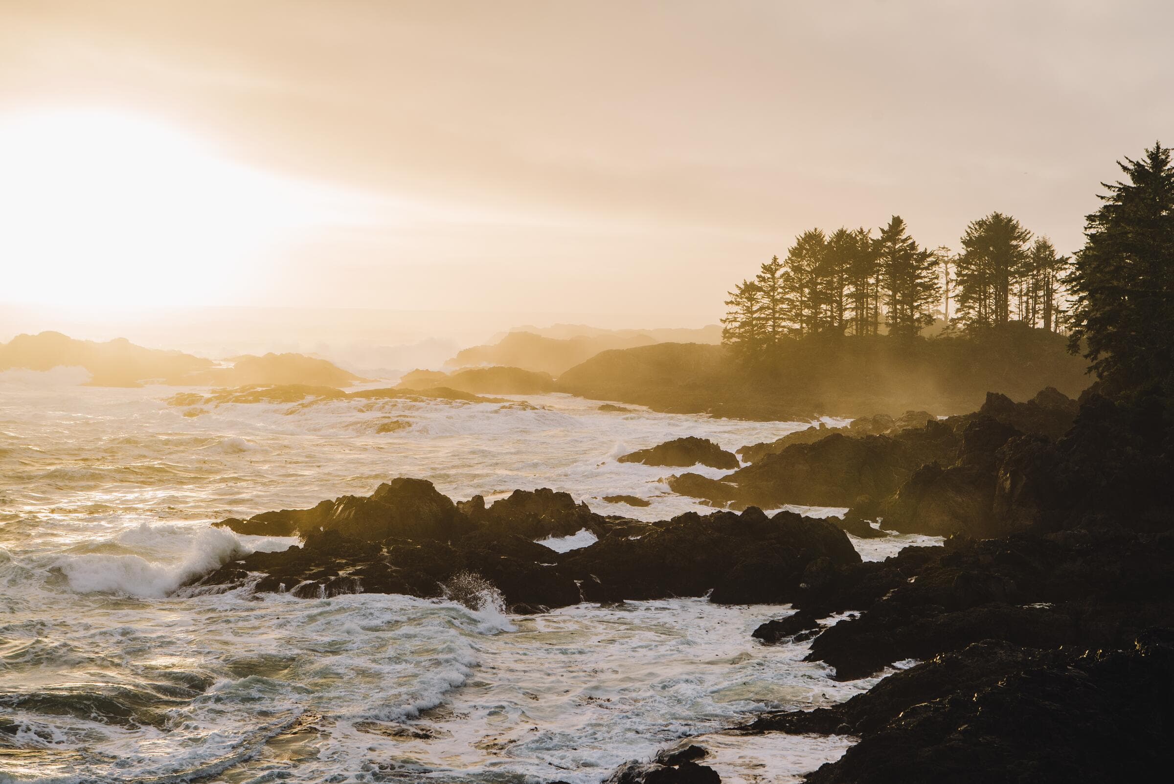 Sunrise over the rocky shore of the Wild Pacific Trail in Ucluelet