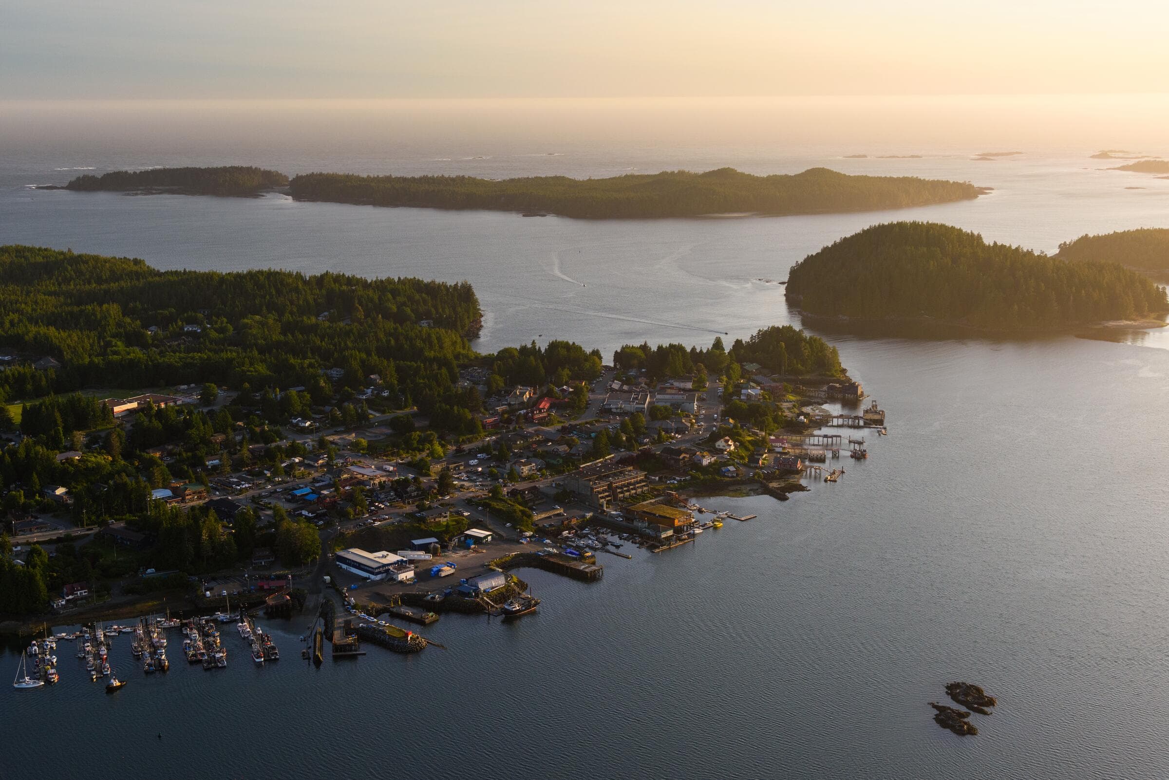 Tofino and the islands of Clayoquot Sound from the air at sunset