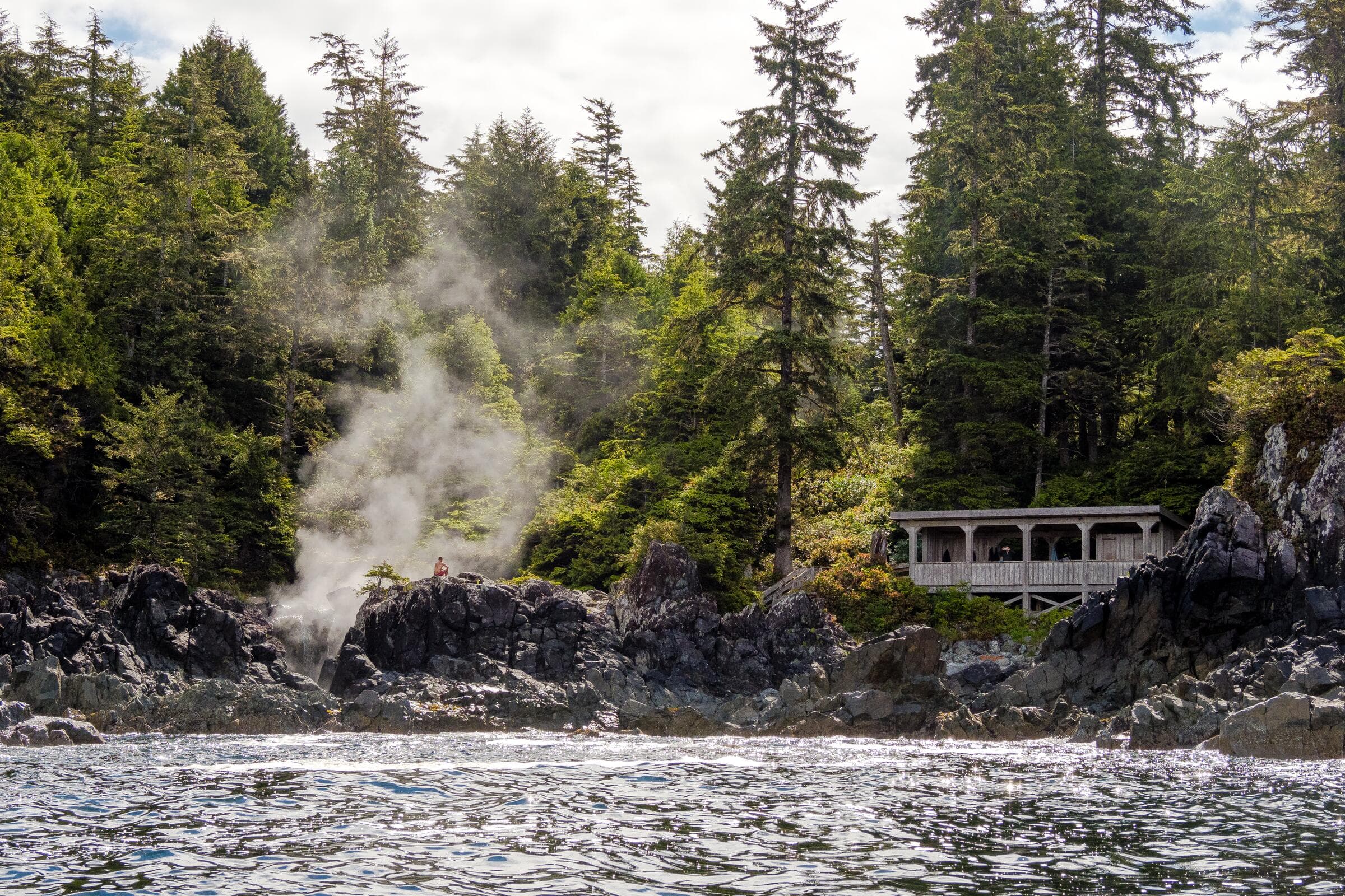 Steam rising from the hot springs among rocks and rainforest near Tofino