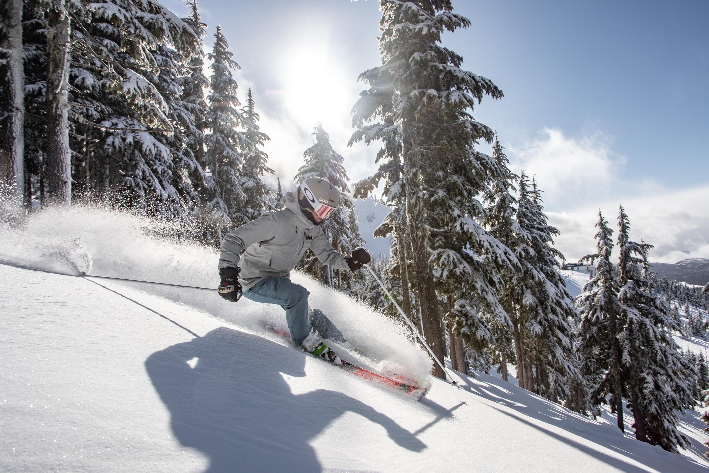 A skier carving fresh powder among snow-covered trees at Mount Washington